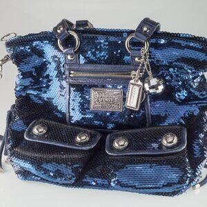 Coach Poppy Blue Sequin Spotlight Purse w/ Disco Ball Bag Charm XL